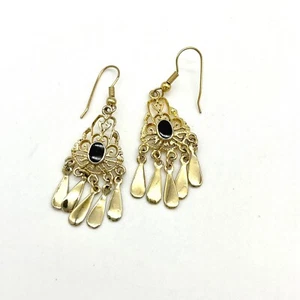 Dangle Drop Earrings Gold Tone Filigree Black Stone Accents Boho Chic - Picture 1 of 5
