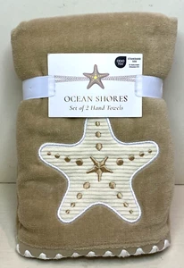 Set 2~ Ocean Shores Tan/Cream Embroidered Starfish Ocean Hand Towels 16 x 26" - Picture 1 of 2
