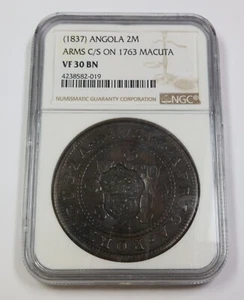 1837 NGC VF30 BN BROWN | ANGOLA - Arms C/S Counterstamp - 2 Macuta Coin #39177A - Picture 1 of 4