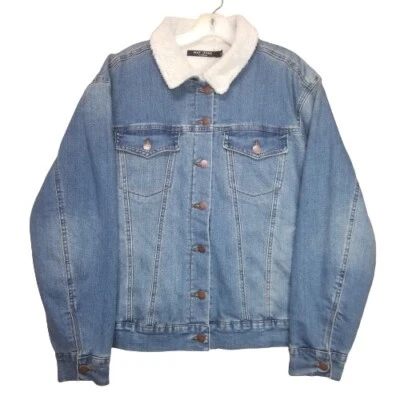 Sherpa Lined Max Jeans Blue Denim Jean Trucker Jacket Size L Cotton Poly Blend - Image 1 of 4