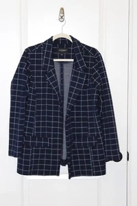 Liverpool Los Angeles 1X Boyfriend Blazer Federal Blue Windowpane Plaid Knit - Picture 1 of 12