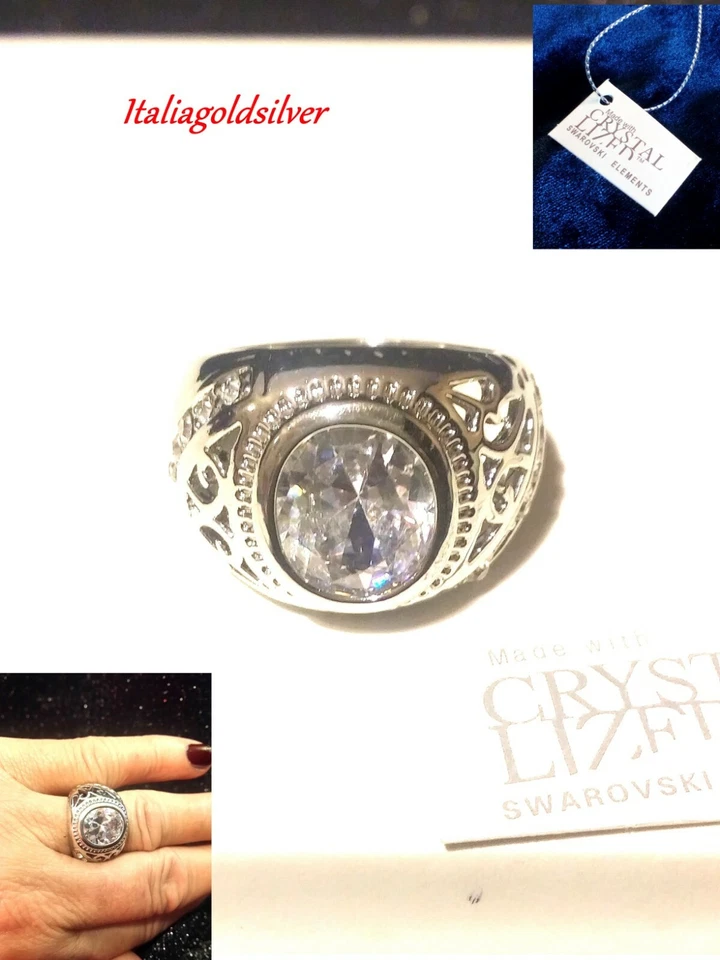 Anello UOMO DONNA Argento CRISTALLI SWAROVSKI ELEMENTS ORIGINALI Ragazza Oro new - Immagine 1 di 4