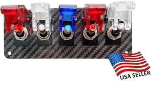 5 Hole Real Carbon Fiber Panel, 5 LED Toggle Switches & Covers - Red/White/Blue - Picture 1 of 7