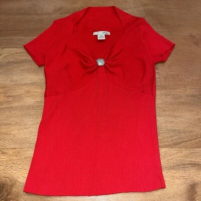 Petite Size Small Evie Solid Red Ribbed Short Sleeve Sweater Rhinestone Accent - Image 1 of 4