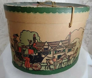 VTG 1930's 1940's HAT BOX🌲Oval COLLECTOR Victorian GRAPHIC Hodshon Co. 12×10×8" - Picture 1 of 12