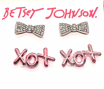 Betsey Johnson Two Pair Stud Earring Set: Pink Metal XOXs and Sparkling Bows - Image 1 of 4
