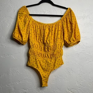 Chocolate USA Yellow Ribbed Floral Short Sleeve Bodysuit Womens Small boho chic - Picture 1 of 6