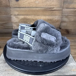 UGG Women's Size 6 Fuzzy Platform Disco Gray Fur Slide Slingback Slippers - Picture 1 of 8