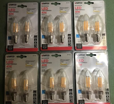 6-2 Packs (12) Satco decorative LED 4.5 torpedo 40W bulbs,dimmable,clear,350 Lum - Image 1 of 3