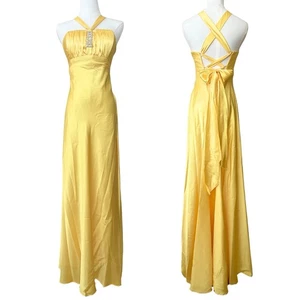 Gunne Sax Yellow Satin Evening Gown 9 Jessica McClintock Y2K Long Formal Dress - Picture 1 of 7