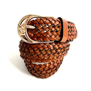 NEW Michael Kors Brown Braided Genuine Leather Belt Gold MK Logo Buckle S/M - Picture 1 of 7