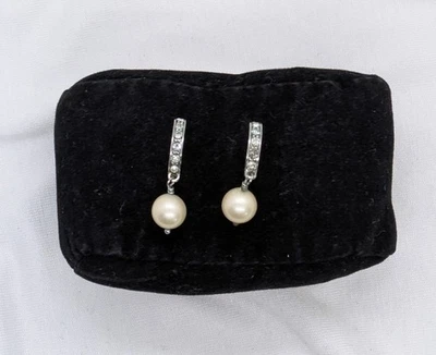 Ralph Lauren Faux Pearl Crystal Pavé Silver Tone Dangle Pierced Earrings Jewelry - Image 1 of 4