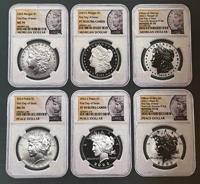 2023 Morgan & Peace Dollars  6 Coin Set FDOI,NGC MS/PR/PF 70 *Morgan-Peace Label - Image 1 of 4