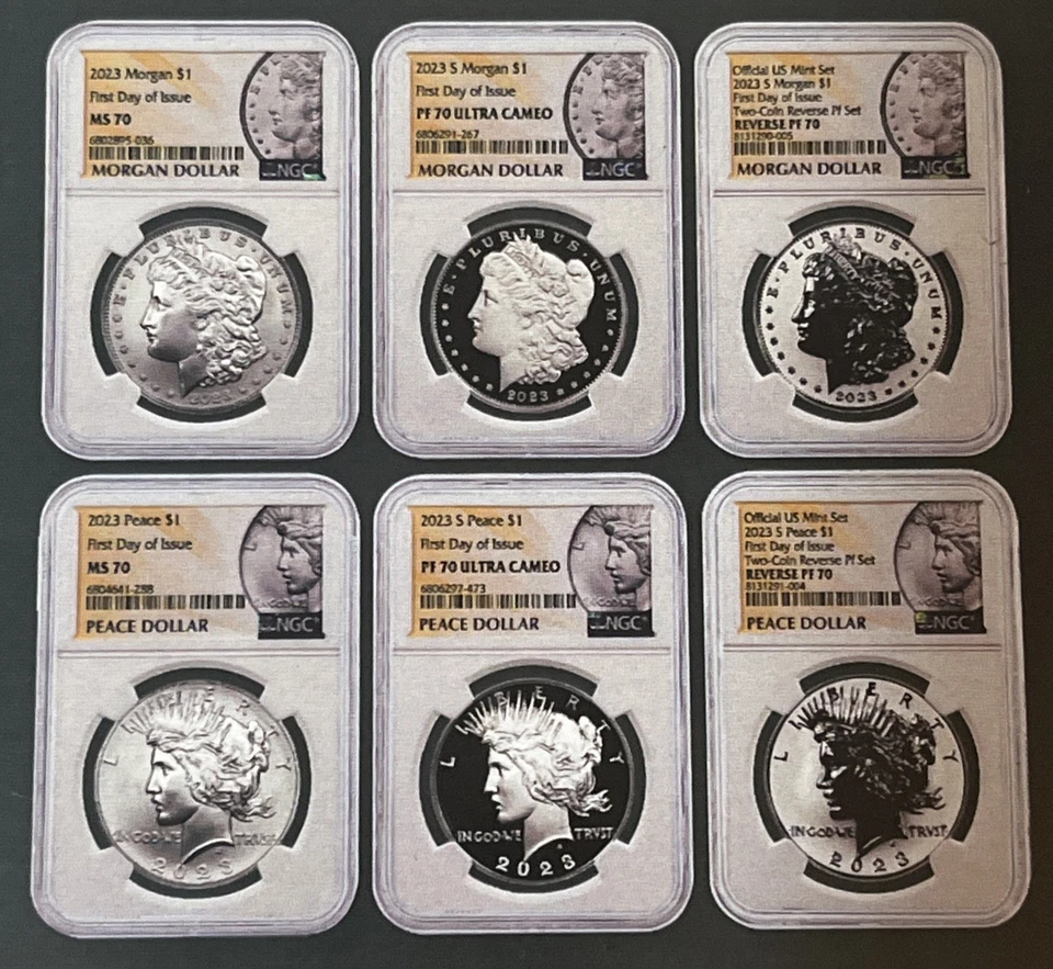 2023 Morgan & Peace Dollars  6 Coin Set FDOI,NGC MS/PR/PF 70 *Morgan-Peace Label - Image 1 of 4
