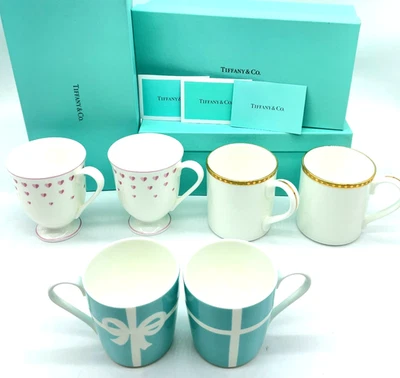 Auténtico juego de 6 tazas Tiffany & Co. corazón rosa/banda dorada/tazas de cinta con caja SE110061 Foto 1 de 4