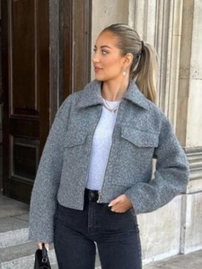 Grey Boucle Cropped Zip Jacket Coat Zara Dupe Black Borg Lightweight Shacket