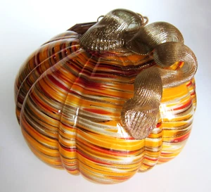 Art Glass Pumpkin Murano Style Amber Orange Gold Glitter Ribbed Blown Glass - Picture 1 of 9