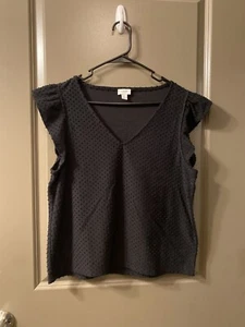 J.Crew Womens Flutter Cap Sleeve Clip-Dot Top Large V-Neck Black Blouse - Picture 1 of 4