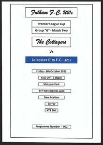 FULHAM U21s v LEICESTER CITY U21s 06.10.23 PREMIER LEAGUE CUP PROGRAMME - Picture 1 of 3