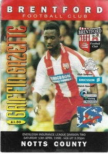 Brentford v Notts County - League 2 - 13th April 1996 - programme - UK FREEPOST - Picture 1 of 1