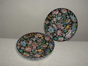 Lot of 4 Chinese Mille Fleur Black Porcelain Floral 7" Salad/Desert Plates - Picture 1 of 2