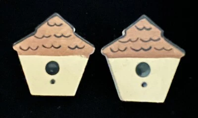 Vintage Wooden Birdhouse Hand Painted Shades Of Brown Stud Back Earrings 1.25” - Image 1 of 3