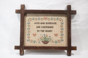 Vintage Criss Cross Bar Wood Frame w Hand Embroidered Sampler Primitive 10 x 12 - Picture 1 of 9