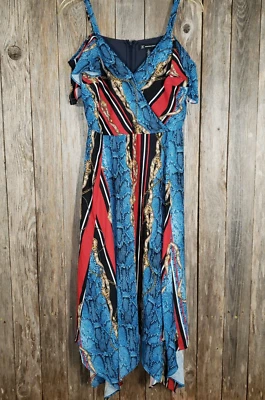 NUEVO INC Vestido Midi Talla 2 Azul Rojo Estampado Animal Hombro Frío Para Mujer Columpio Foto 1 de 4