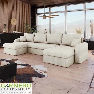 Divano letto angolare 5 posti 304cm contenitore velluto a coste beige ASSUNTA - Immagine 1 di 4