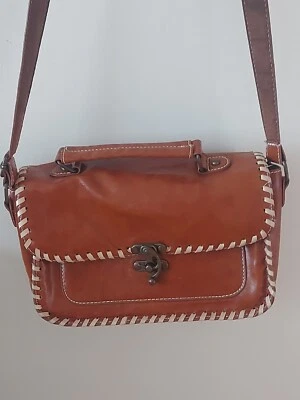 Tan Faux Leather Cross Body Bag With Stitching Metal Latch Hook Top  Handle  - Image 1 of 4
