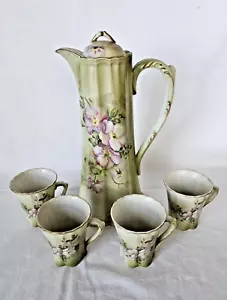 Set da tè vintage Nippon dipinto a mano legno di cane 5 pezzi cioccolatiera doratura oro - Foto 1 di 14