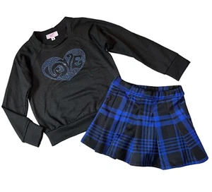 Sofi Girls 2pc Rhinestone Love Heart Top And Blue Black Mini Skirt Set Size 4 - Picture 1 of 4