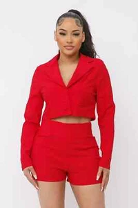 Functional Button Down Cropped Blazer And Shorts Set- Red - Picture 1 of 7