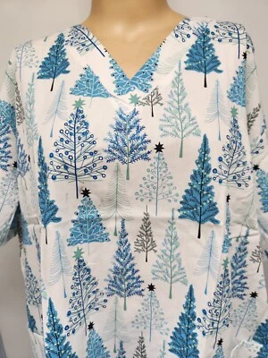Womens Scrub Top Butter-Soft by UA Cotton Blend Christmas Tree White Blue Winter - Image 1 of 4