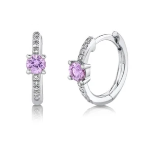 14K WHITE GOLD DIAMONDS AND PINK SAPPHIRE SMALL HOOP EARRINGS #1084 - Picture 1 of 3