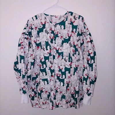Tafford vintage Medical Scrub Long Sleeve Top Christmas reindeer MadeinUSA Large - Image 1 of 4