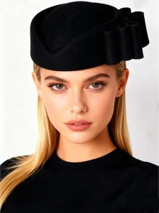 Sombreros fascinadores de fieltro de lana negros para mujer iglesia fiesta del té boina sombrero con lazo - Imagen 1 de 7