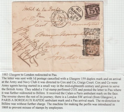 1883 GLASGOW 1d LILAC REDIRECTED LONDON 1½d SG167 (Cat. £160) COX TO FRANCE C X - Изображение 1 из 2