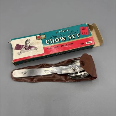 Juego de chow de acero inoxidable Kmart años 70 con estuche de vinilo cuchara tenedor cuchillo vintage Foto 1 de 4