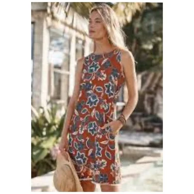 Garnet Hill Linen Floral Frayed Hem Sleeveless Dress 10 Orange - Image 1 of 4