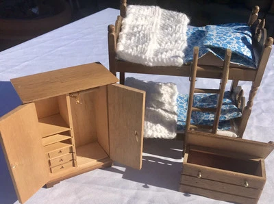 Vtg Dollhouse Miniature Wood Bedroom Furniture Bedding BunkBed Dresser Trunk Lot - Image 1 of 4