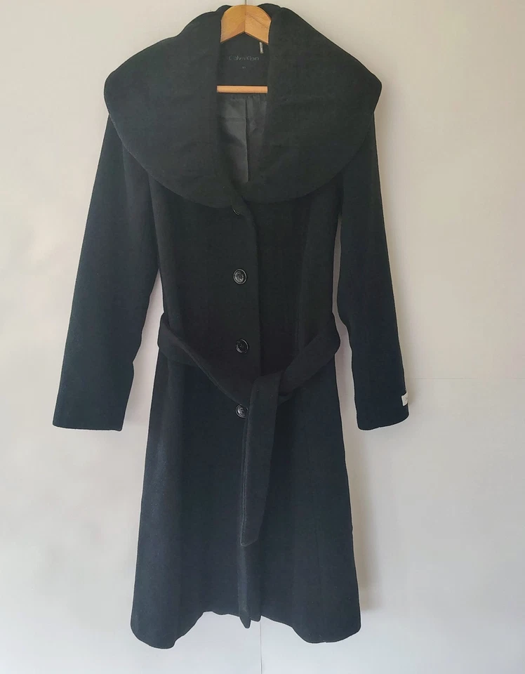 Maxi trench coat Calvin Klein mistura de lã 10 cintos academia escura escritório de negócios - Imagem 1 de 4