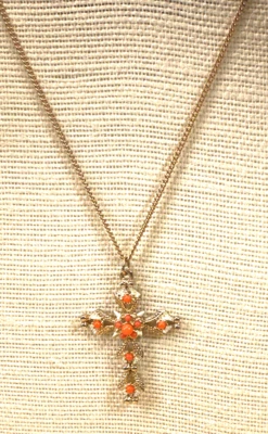 Fashion Necklace oRANGE pLASTIC sTONE cAST gOLD tONE Cross Religious Lot 44 - Image 1 of 4