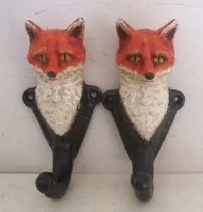 PAIR CHARMING CAST IRON HAND PAINTED FOX HOOKS VINTAGE MR TOD DESIGN HORSE RIDER - Picture 1 of 6