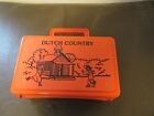 DUTCH COUNTRY Amish Lunchbox orange 8x4" COLLECTIBLE Farm Schoolhouse PLASTIC