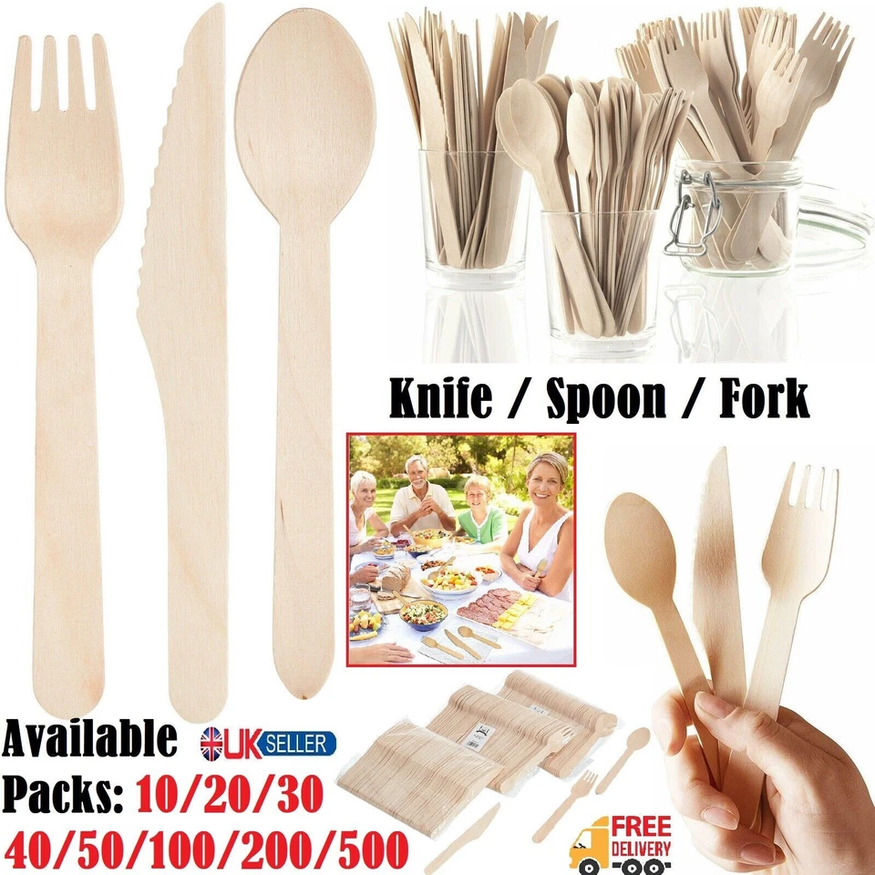 POP PARTY FAVES Wooden Cutlery Biodegradable Spoons Knives Forks Eco-Friendly Birch Wood Party