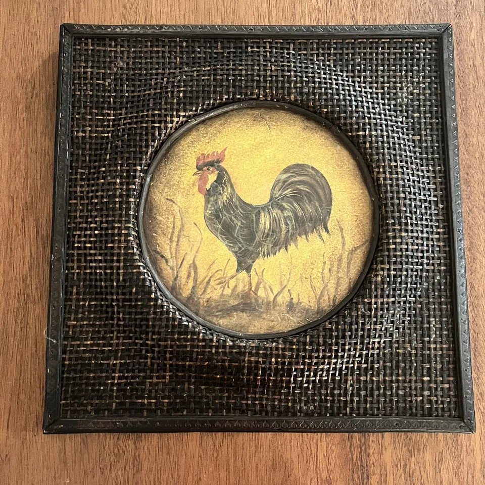 Framed Rooster Painting Print Rattan Wicker Wall Art - Image 1 of 4