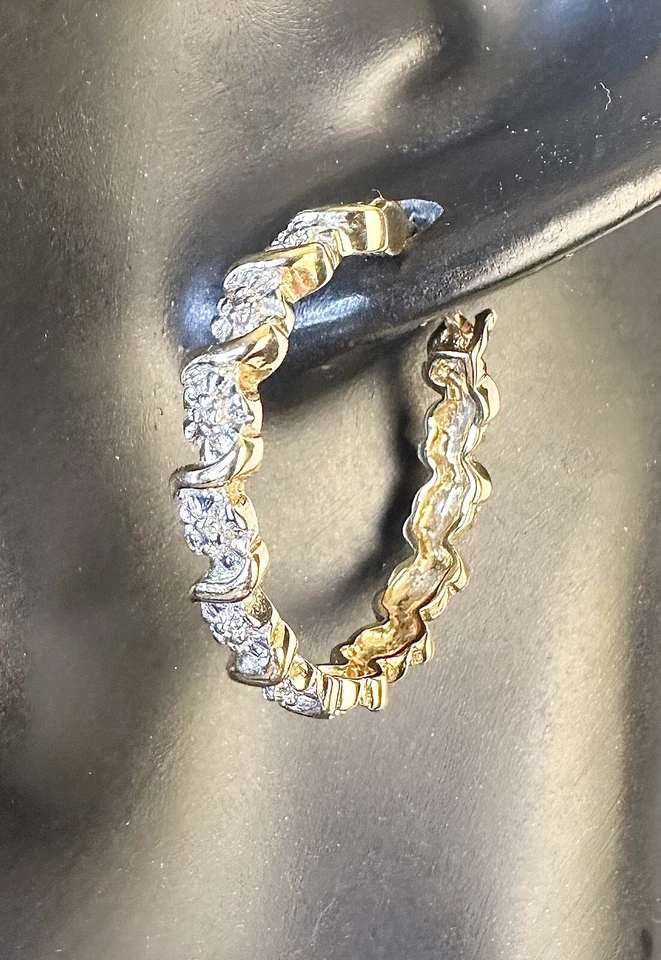 Lindos brincos de argola de prata esterlina 925 com safiras minúsculas de ouro Vermeil 1 pol - Imagem 1 de 4