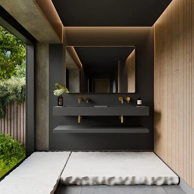 Doppel Waschbecken Waschtisch Einfarbig Schwarz Matt mit Ablage - Handgefertigt - Bild 1 von 2