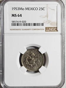 Mexico 25 Centavos 1953 Mo NGC MS 64 - Picture 1 of 2